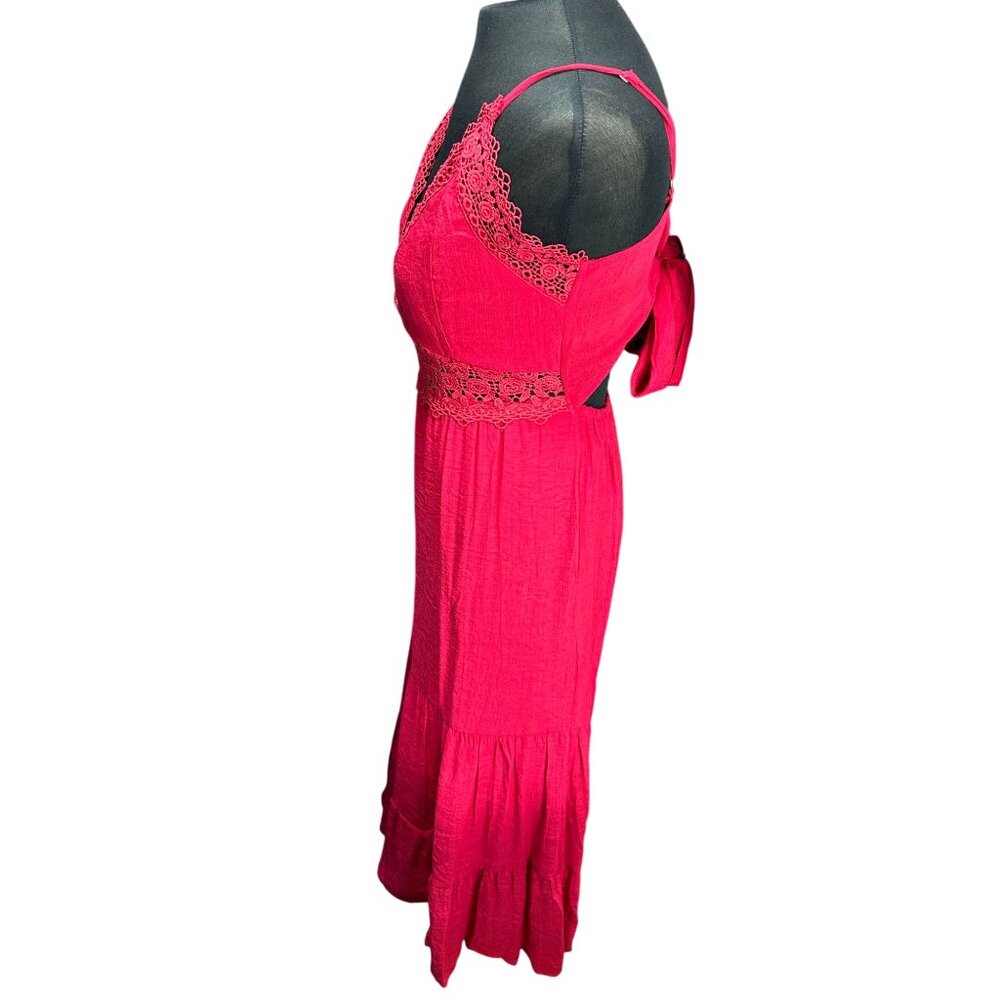 Sleeveless Red Lace Midi Dress With Adjustable Straps & Bow Back Detail - Picture 2 of 9